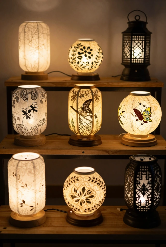 Seasonal lamp collection showcasing diverse designs and materials