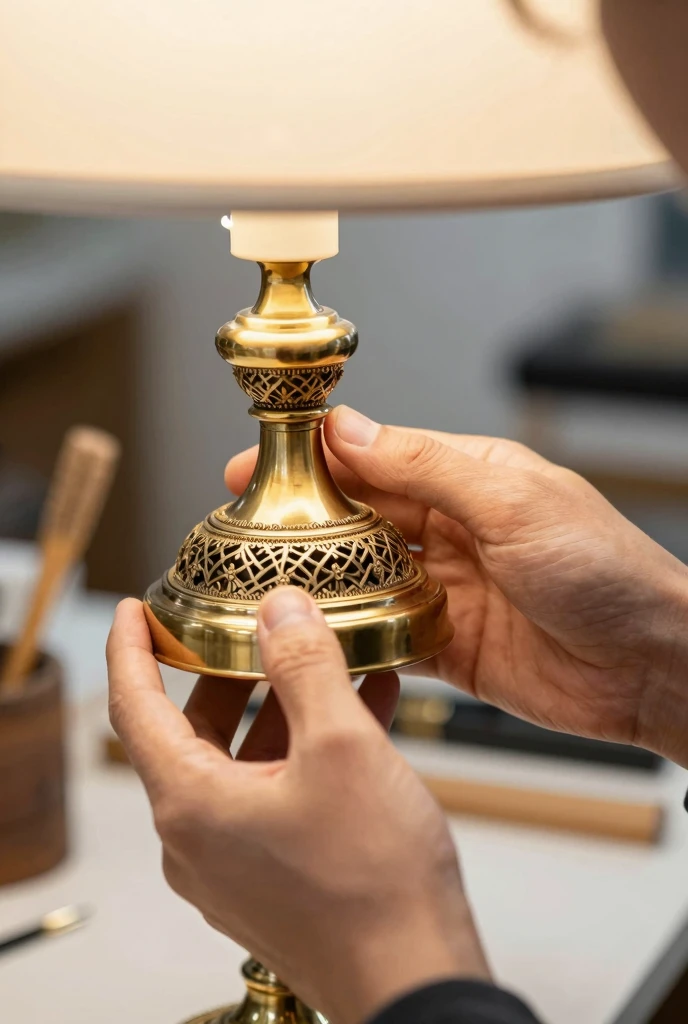 Quality inspection process for luxury lamps showing attention to detail